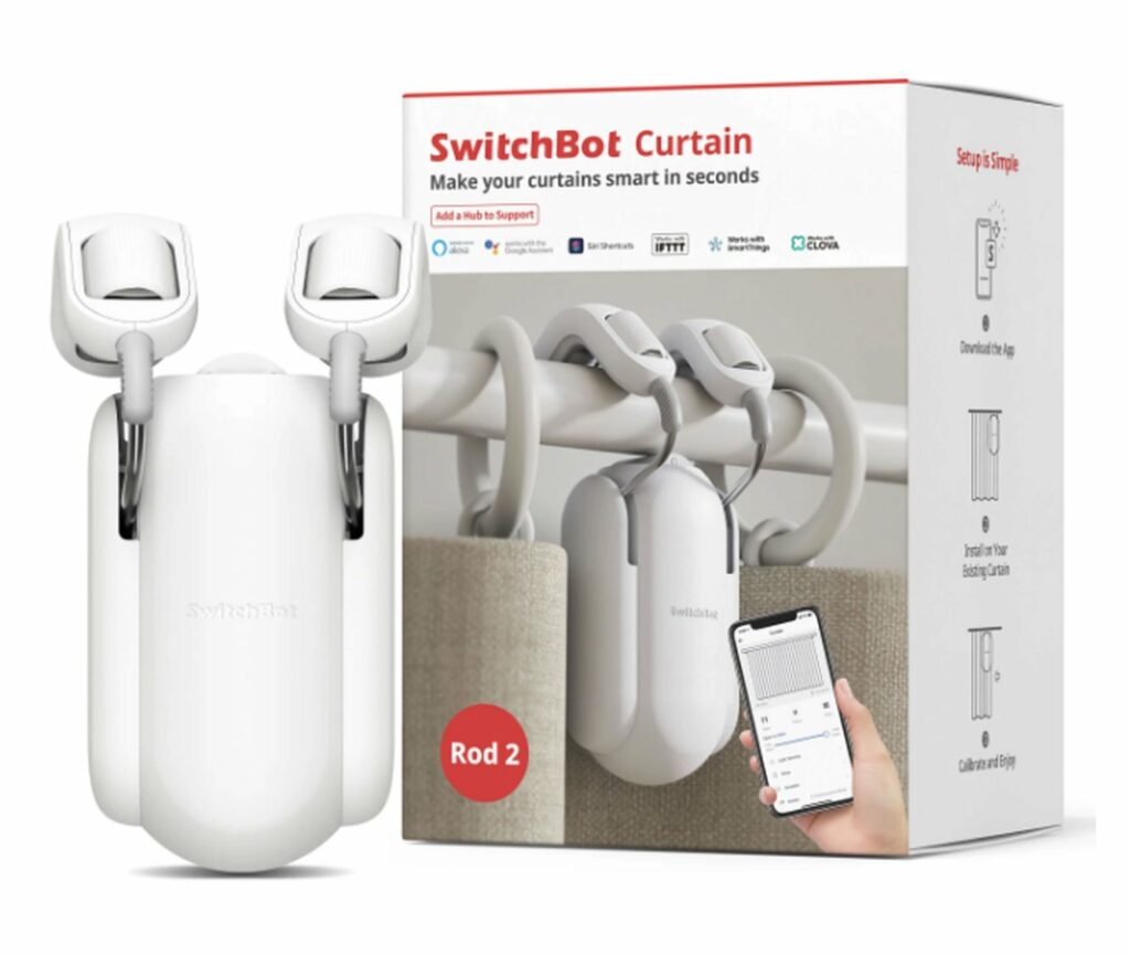 La boîte du SwitchBot Curtain et le robot qui s'accroche à la tringle